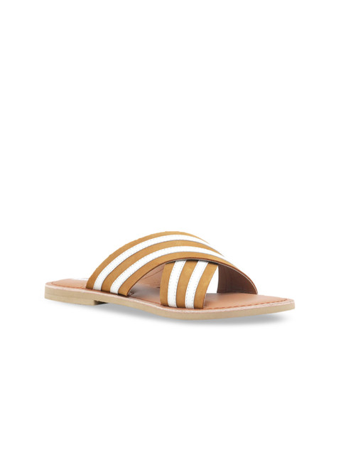 

London Rag Women Tan Brown Striped Leather Open Toe Flats