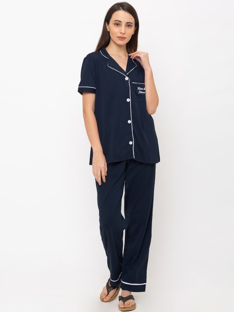 

Nick&Jess Women Navy Blue Solid Night suit