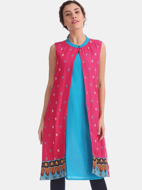 

Karigari Women Pink & Blue Woven Design A-Line Kurta