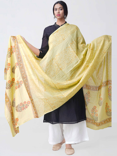 

Unnati Silks Yellow Pure Andhra Cotton Sustainable Dupatta With Hand Block Print