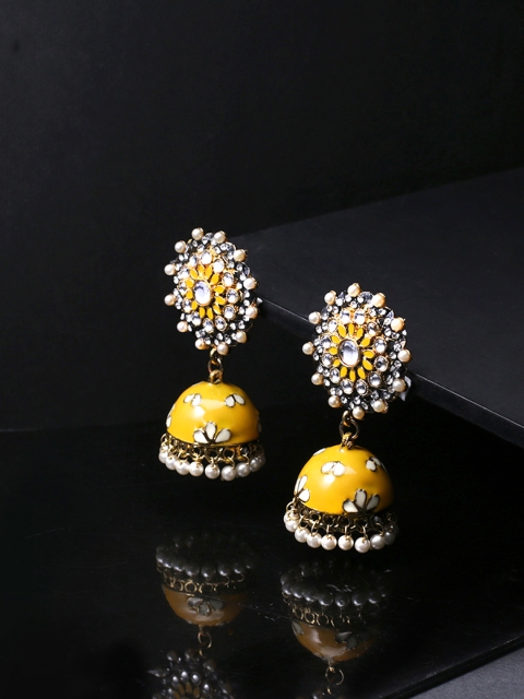 

Yellow Chimes Yellow & White Gold-Plated Handpainted Meenakari Floral Jhumkas
