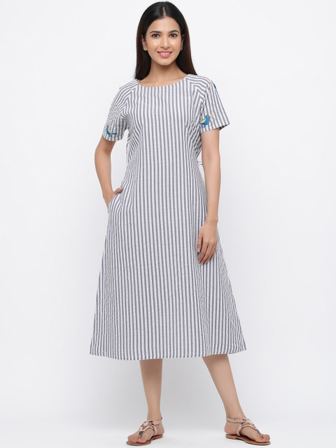 

Jaipur Kurti Women Grey & White Striped A-Line Dress
