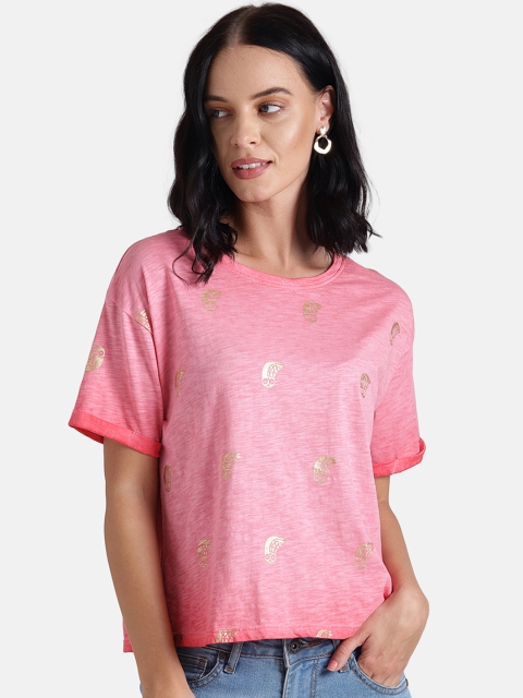 

Chumbak Women Pink Self Design Boat Neck T-shirt