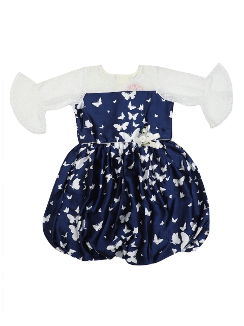 

Doodle Girls Navy Blue Floral Print Balloon Dress with Lace Detail