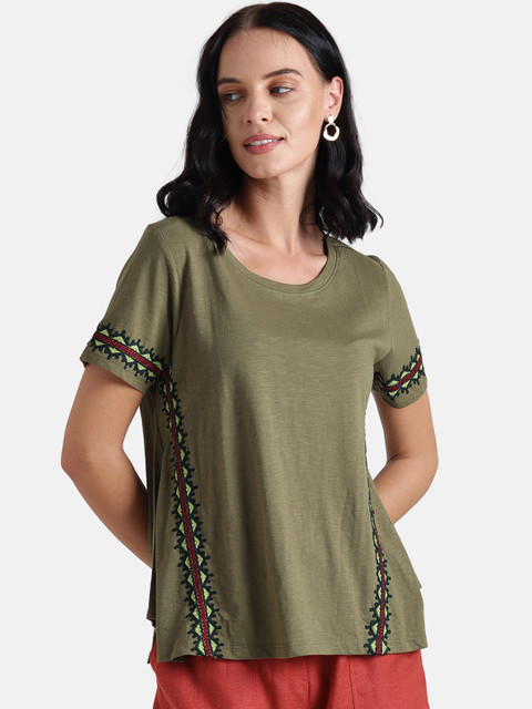 

Chumbak Women Olive Green Solid V-Neck T-shirt with Embroidered Borders