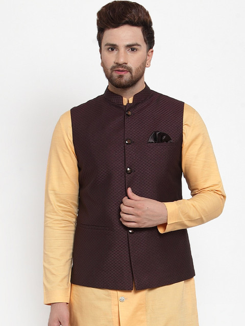 

MAXENCE Men Maroon Woven Design Jacquard Nehru Jacket With Pocket Square