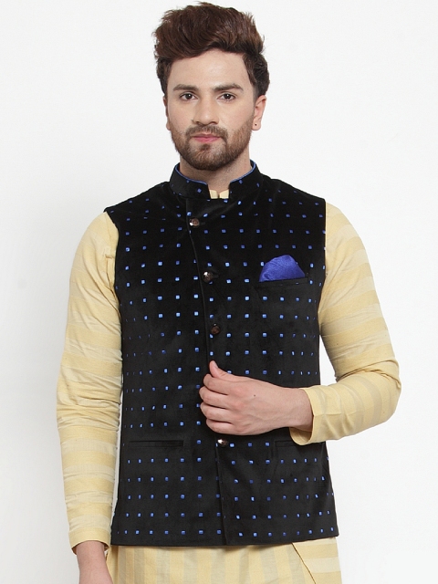 

MAXENCE Men Black & Blue Printed Velvet Nehru Jacket
