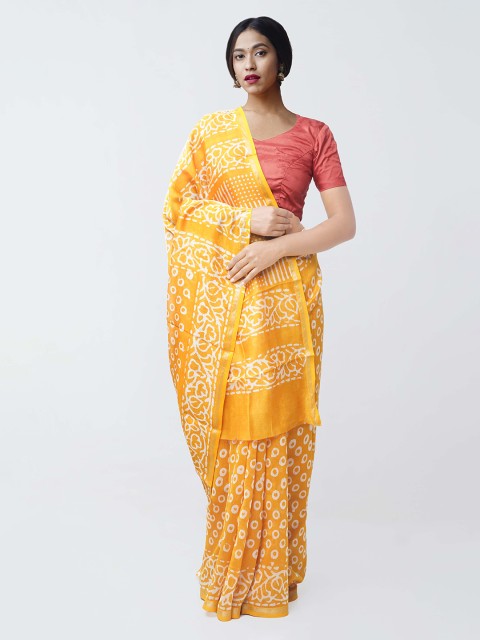 

Unnati Silks Yellow Silk Cotton Dabu Printed Chanderi Saree