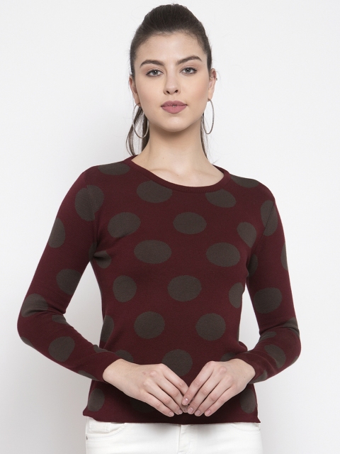 

Kalt Women Maroon & Grey Polka Dots Print Pullover Sweater