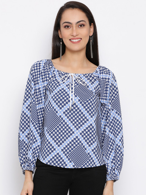 

ALL WAYS YOU Women Blue & Navy Blue Geometric Print Top