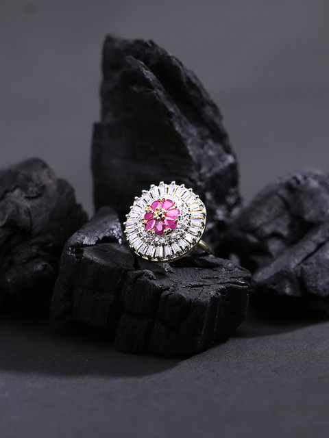 

Yellow Chimes Gold-Plated White & Pink AD-Studded Handcrafted Adjustable Finger Ring