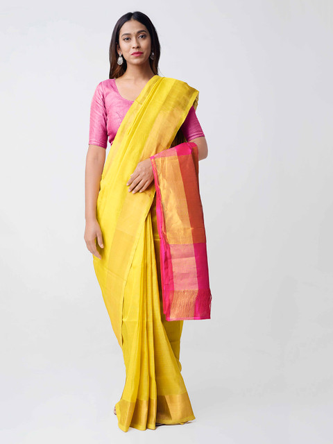 

Unnati Silks Yellow & Pink Pure Handloom Uppada Silk Cotton Saree with Tassels