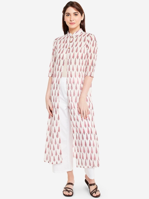

Desi Weavess Women Off-White & Pink Floral Printed Open Front Shrug