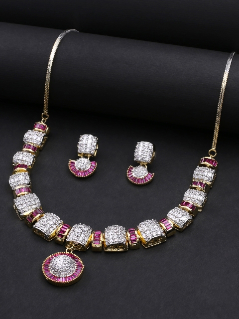 

Yellow Chimes Gold Plated White & Pink American Diamond Studded Handcrafted Jewellery Set