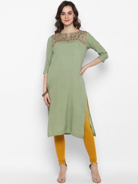 

Janasya Women Olive Green & Orange Embroidered Straight Kurta