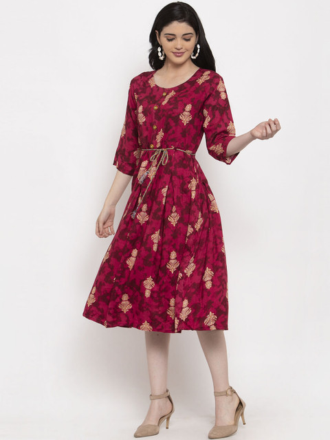 

ANAISA Women Pink Printed Ethnic Fit and Flare Dress