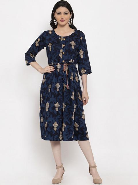 

ANAISA Women Navy Blue Printed Fit and Flare Dress