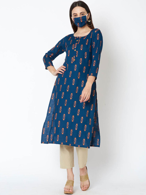 

FASHOR Women Blue Printed Straight Kurta