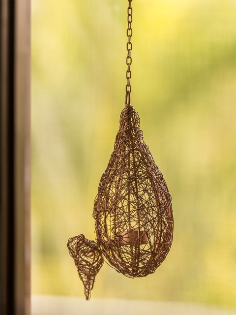 

ExclusiveLane Weaver Bird Mesh Nest' Handwoven Hanging Tea-Light Holder In Iron, Copper