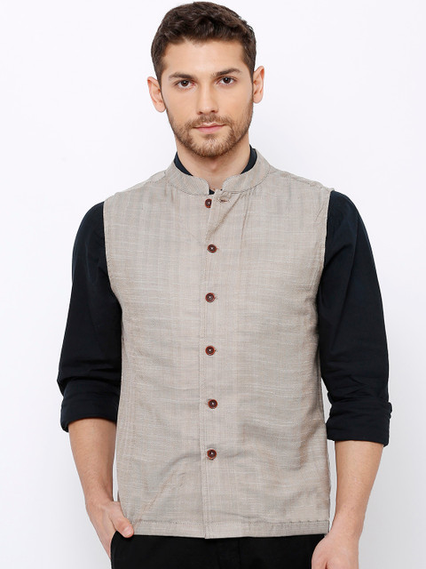 

SALWAR STUDIO Men Grey Woven Design Pure Cotton Nehru Jacket