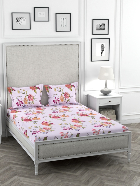 

STELLAR HOME White Floral TC Poly Satin 1 Bedsheet with 2 Pillow Covers