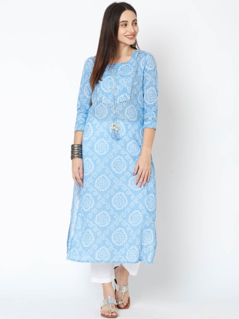 

FASHOR Women Blue & White Printed Straight Kurta