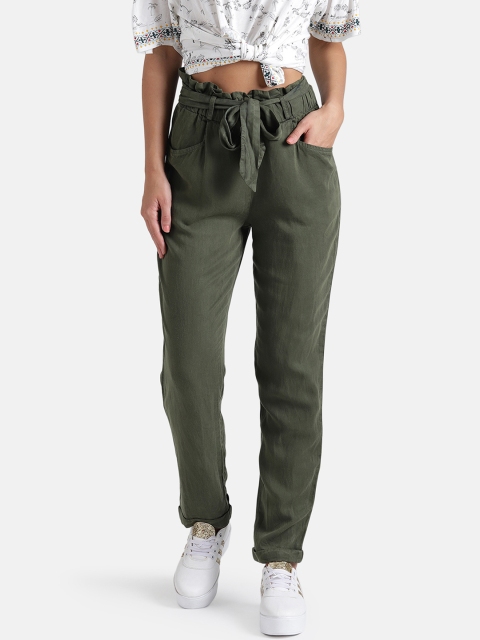 Chumbak Women Olive Green Slim Fit Solid Peg Trousers