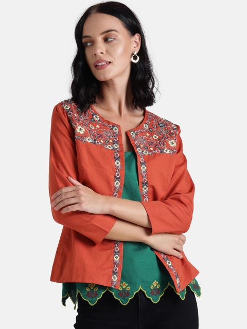 

Chumbak Women Rust Orange Embroidered Open Front Jacket