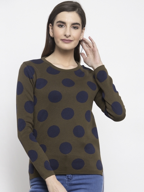 

Kalt Women Olive Green & Navy Blue Polka Dot Printed Pullover Sweater