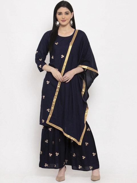 

ANAISA Women Navy Blue Floral Embroidered Regular Gotta Patti Kurta with Sharara & With Dupatta