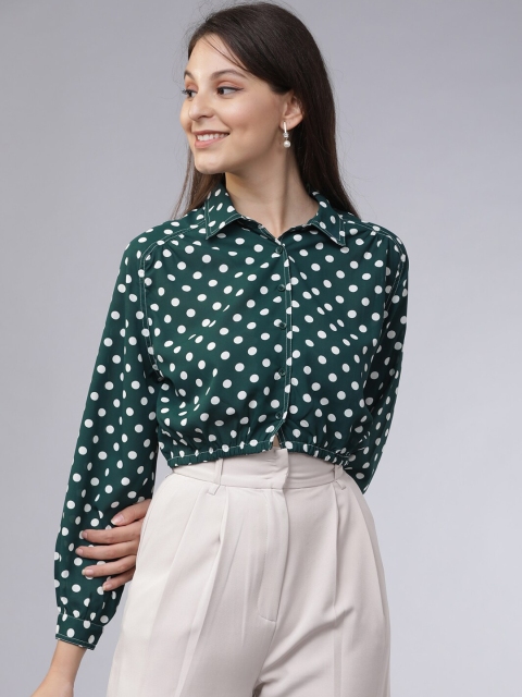 

Tokyo Talkies Women Green & White Polka Dots Print Regular Fit Printed Crop Shirt