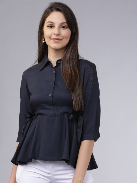 

Tokyo Talkies Women Navy Blue Solid Shirt Style Top