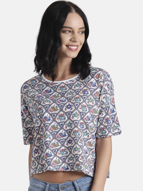 

Chumbak Women White Printed Boat Neck Crop T-shirt
