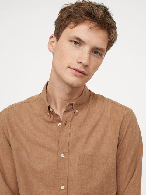 

H&M Men Brown Cotton Shirt Regular Fit, Beige