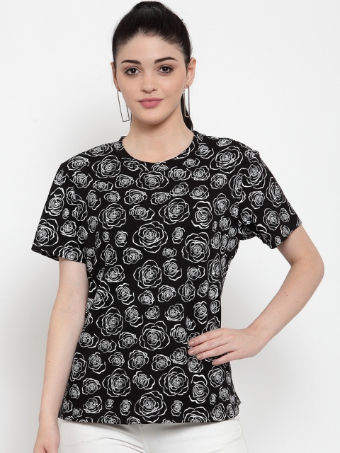 

DOOR74 Women Black Printed Round Neck T-shirt
