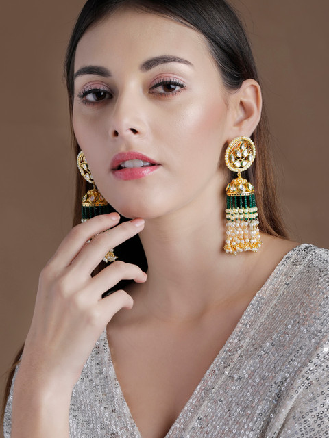 

Rubans 22K Gold-Plated & Green Kundan & Pearl Handcrafted Classic Jhumkas