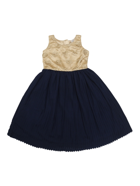 

Doodle Girls Navy Blue & Gold Colourblocked Fit and Flare Dress