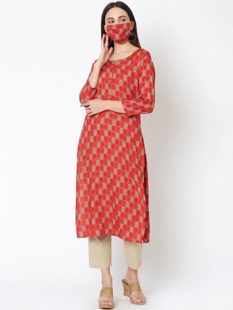 

FASHOR Women Red Grey Printed Straight Kurta