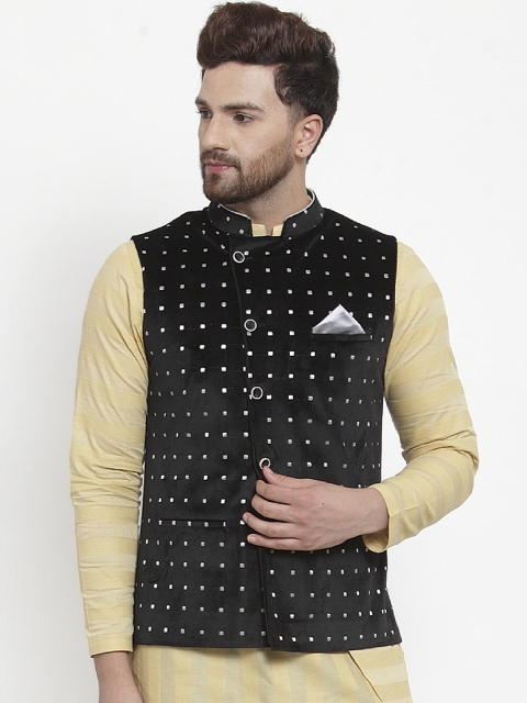 

MAXENCE Men Black & White Woven Design Nehru Jacket
