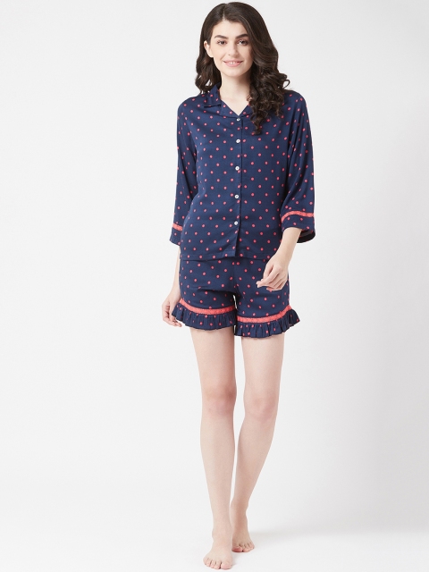 

The Dry State Women Navy Blue & Red Polka Dots Print Night Suit