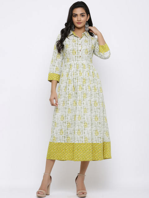 

Indi INSIDE Women Off-White & Yellow Ethnic Motif Print Kurta Dress