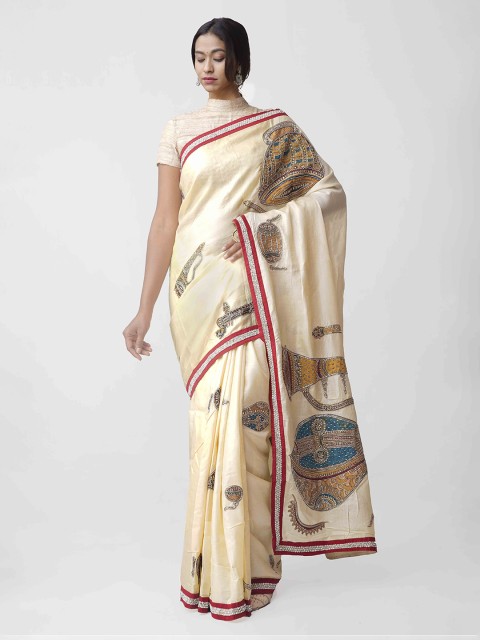 

Unnati Silks Cream-Coloured Pure Silk Handloom Hand Embroidered Kerala Tussar Silk Saree