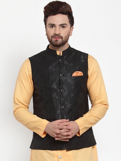 

MAXENCE Men Black Floral Woven Design Nehru Jacket with Pocket Square