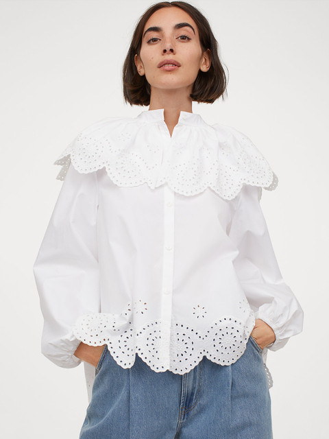

H&M Women White Solid Broderie-Detail Blouse