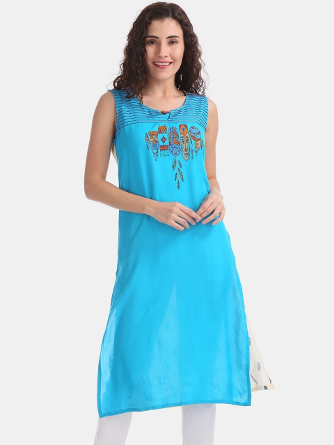 

Karigari Women Blue Printed Straight Kurta