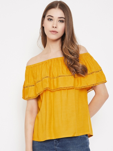 

LUCERO Women Yellow Self Design Bardot Top