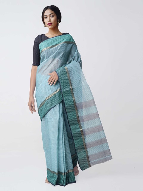 

Unnati Silks Blue Pure Cotton Striped Taant Saree