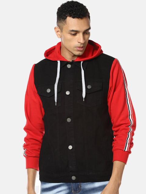 

Campus Sutra Men Black Colourblocked Windcheater Hooded Denim Jacket