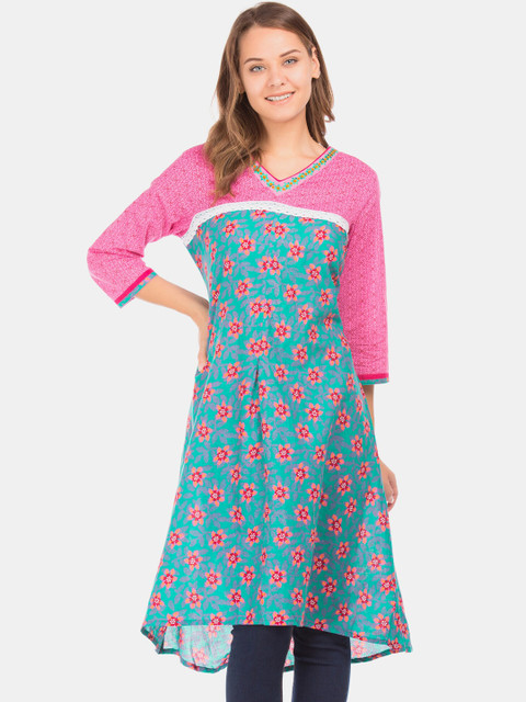 

Karigari Women Green & Pink Printed A-Line Kurta