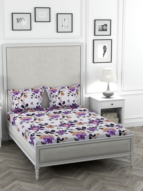 STELLAR HOME White Floral TC Poly Satin 1 Bedsheet with 2 Pillow Covers